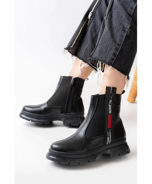 ASM-086 Siyah Fashion Aksesuarlı Fermuarlı Günlük Kadın Bot