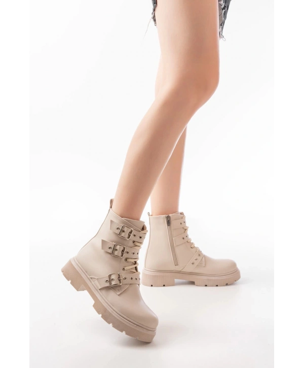 508-3039 Bej Toka Aksesuarlı Fermuarlı  Günlük Kadın Bot