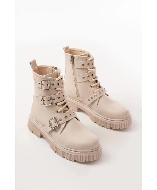 508-3039 Bej Toka Aksesuarlı Fermuarlı  Günlük Kadın Bot