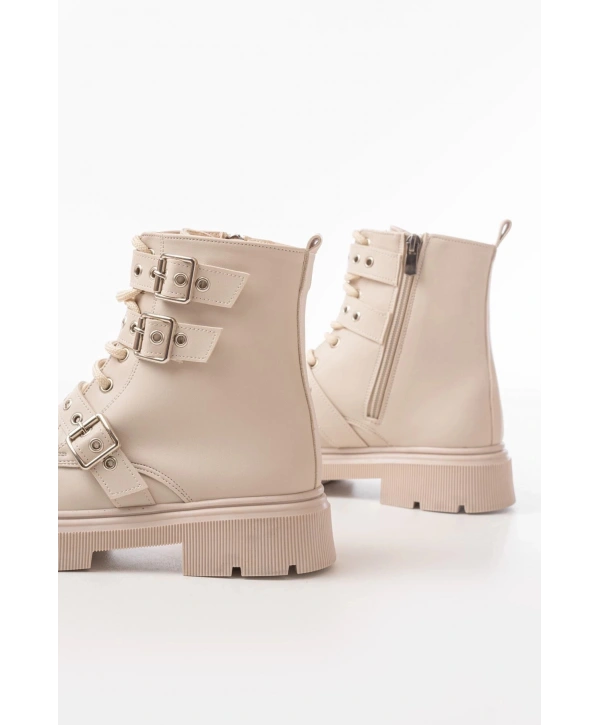 508-3039 Bej Toka Aksesuarlı Fermuarlı  Günlük Kadın Bot