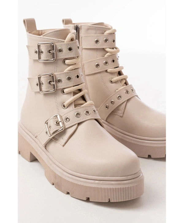 508-3039 Bej Toka Aksesuarlı Fermuarlı  Günlük Kadın Bot