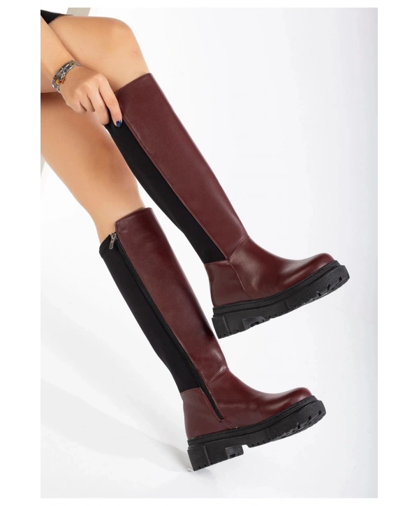 812-305 Bordo Arkası Streç Fermuarlı Günlük Kadın Çizme