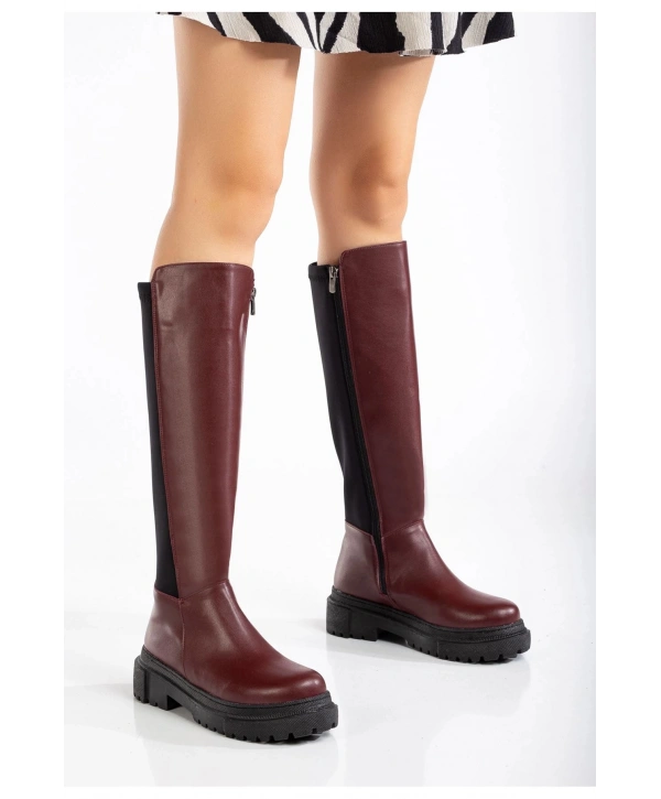 812-305 Bordo Arkası Streç Fermuarlı Günlük Kadın Çizme