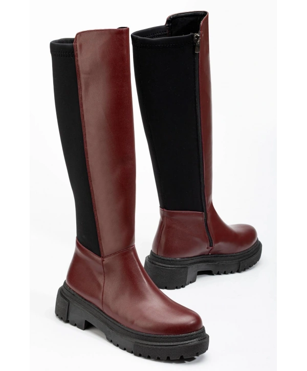 812-305 Bordo Arkası Streç Fermuarlı Günlük Kadın Çizme