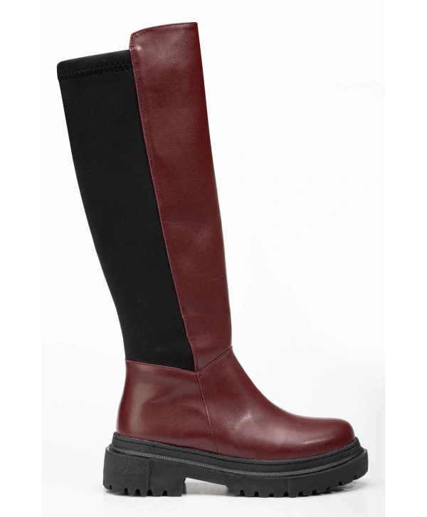 812-305 Bordo Arkası Streç Fermuarlı Günlük Kadın Çizme