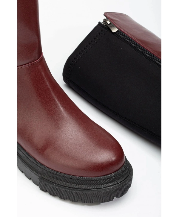 812-305 Bordo Arkası Streç Fermuarlı Günlük Kadın Çizme