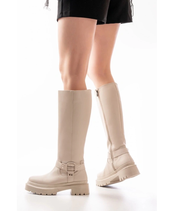 236-3021 Bej Fermuarlı Günlük Kadın Çizme