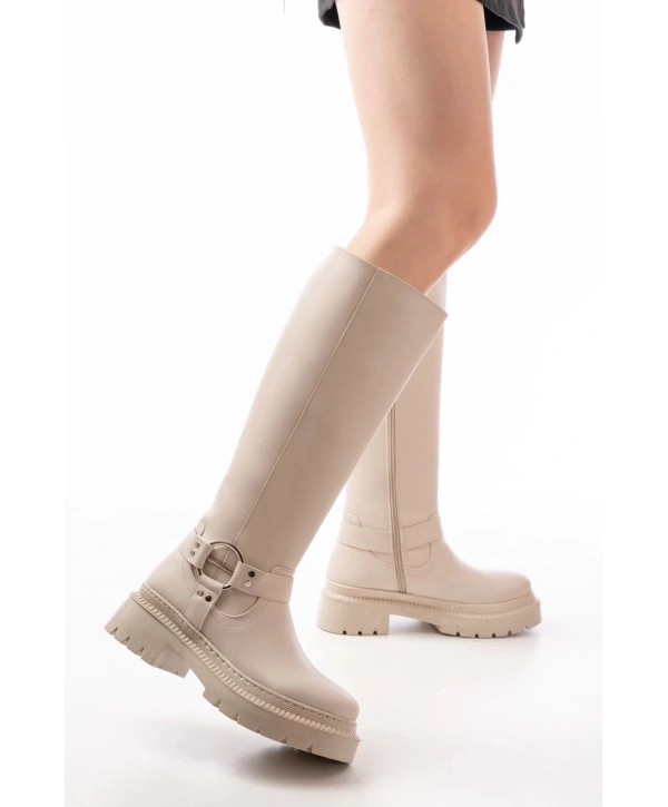 236-3021 Bej Fermuarlı Günlük Kadın Çizme