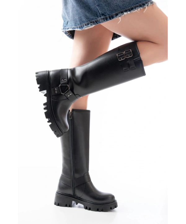 868-3026 Siyah Toka Aksesuarlı Fermuarlı Günlük Kadın Çizme