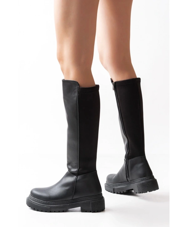 812-305 Siyah Arkası Streç Fermuarlı Günlük Kadın Çizme