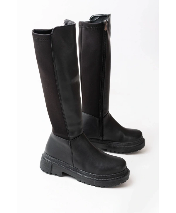 812-305 Siyah Arkası Streç Fermuarlı Günlük Kadın Çizme