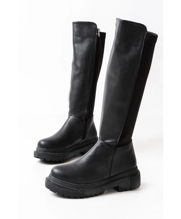 812-305 Siyah Arkası Streç Fermuarlı Günlük Kadın Çizme