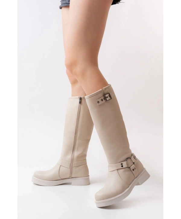 02-312 Bej Toka Aksesuarlı Fermuarlı Günlük Kadın Çizme