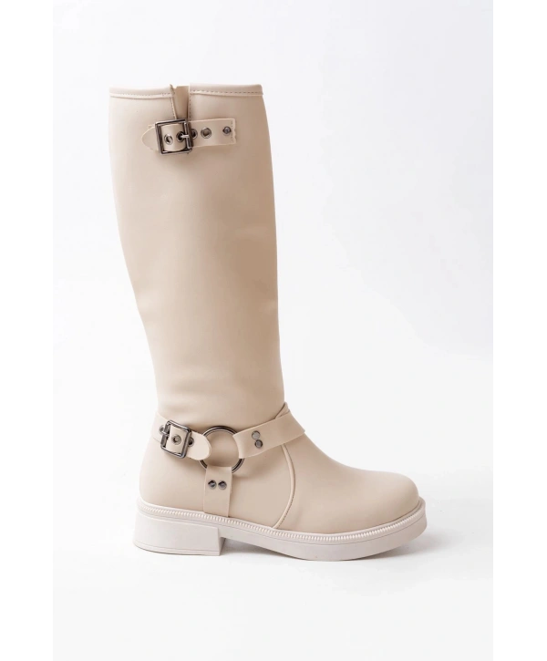 02-312 Bej Toka Aksesuarlı Fermuarlı Günlük Kadın Çizme