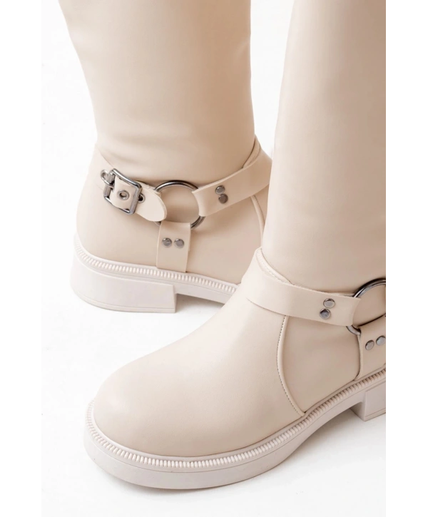 02-312 Bej Toka Aksesuarlı Fermuarlı Günlük Kadın Çizme