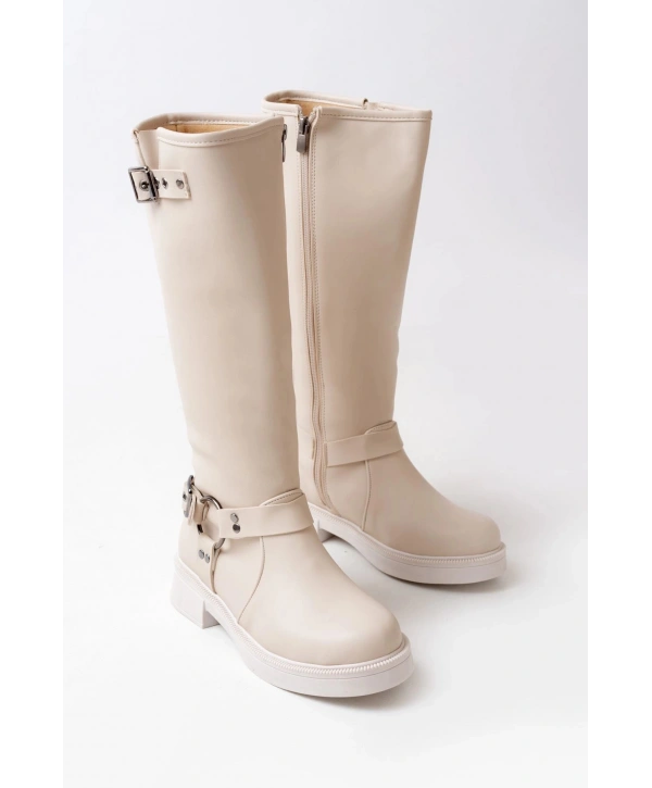 02-312 Bej Toka Aksesuarlı Fermuarlı Günlük Kadın Çizme
