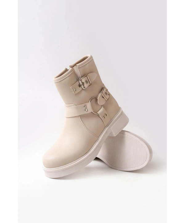 02-2013 Bej Toka Aksesuarlı Fermuarlı Günlük Kadın Bot