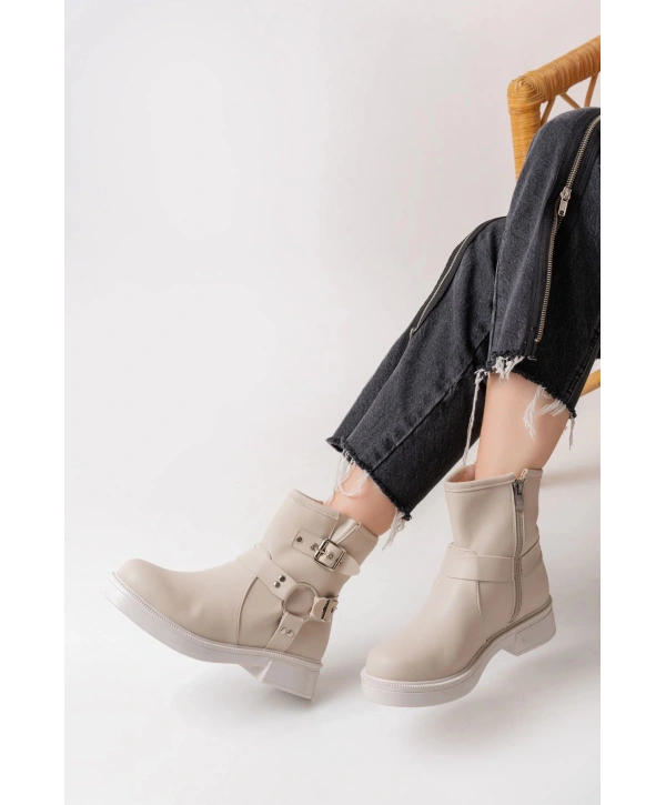 02-2013 Bej Toka Aksesuarlı Fermuarlı Günlük Kadın Bot