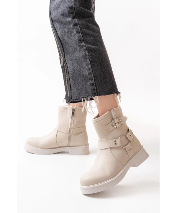 02-2013 Bej Toka Aksesuarlı Fermuarlı Günlük Kadın Bot