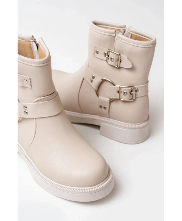 02-2013 Bej Toka Aksesuarlı Fermuarlı Günlük Kadın Bot