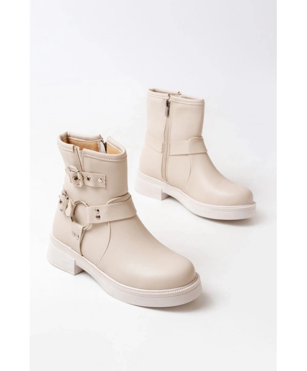 02-2013 Bej Toka Aksesuarlı Fermuarlı Günlük Kadın Bot