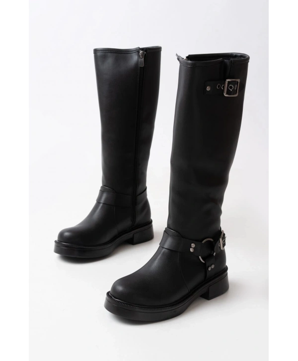 02-312 Siyah Toka Aksesuarlı Fermuarlı Günlük Kadın Çizme