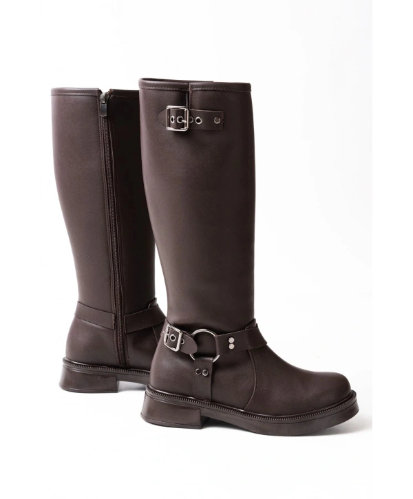 02-312 Kahverengi Toka Aksesuarlı Fermuarlı Günlük Kadın Çizme