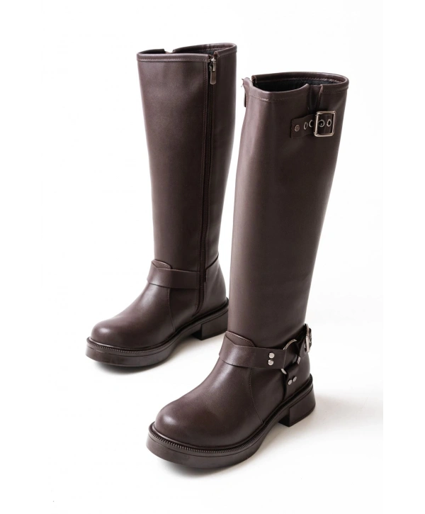 02-312 Kahverengi Toka Aksesuarlı Fermuarlı Günlük Kadın Çizme