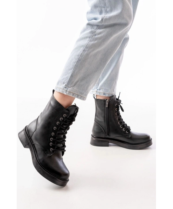 02-356 Siyah Düz Topuklu Bağcıklı Fermuarlı Günlük Kadın Bot