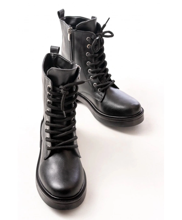 02-356 Siyah Düz Topuklu Bağcıklı Fermuarlı Günlük Kadın Bot