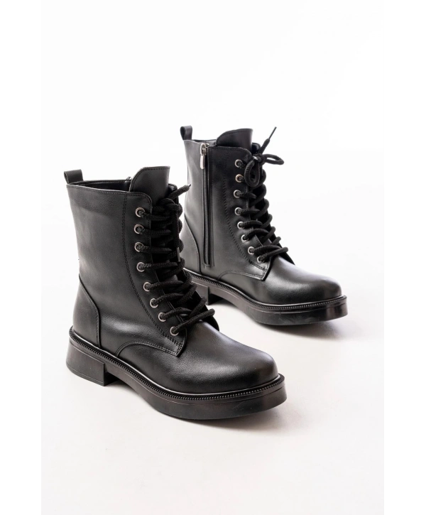 02-356 Siyah Düz Topuklu Bağcıklı Fermuarlı Günlük Kadın Bot