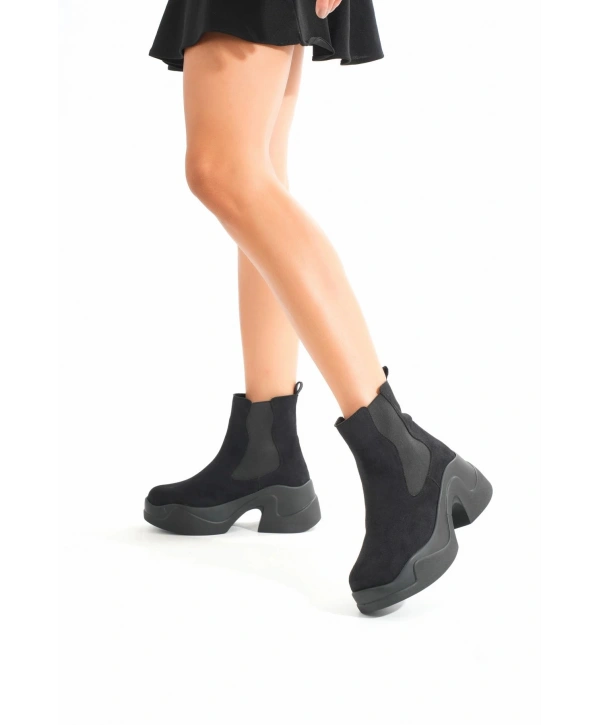 FZ-2400 Siyah Süet Yüksek Tabanlı Lastikli Günlük Kadın Bot