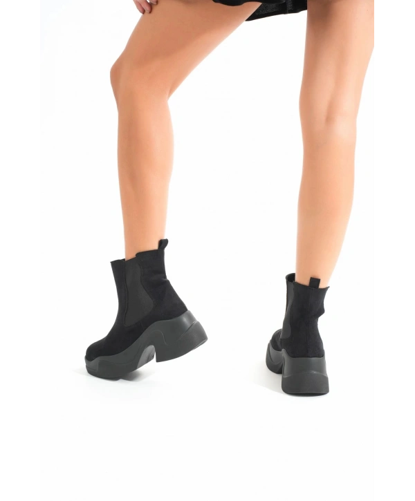 FZ-2400 Siyah Süet Yüksek Tabanlı Lastikli Günlük Kadın Bot