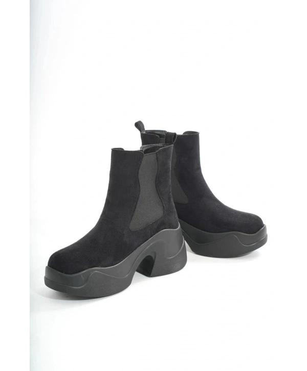 FZ-2400 Siyah Süet Yüksek Tabanlı Lastikli Günlük Kadın Bot