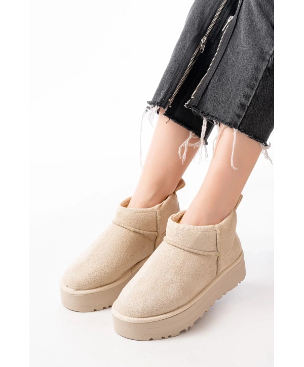 NDR-2850 Bej Süet İçi Kürklü Kışlık Kapalı Burun Kadın Günlük Terlik