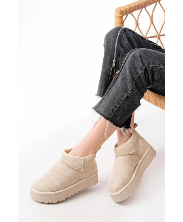 NDR-2850 Bej Süet İçi Kürklü Kışlık Kapalı Burun Kadın Günlük Terlik