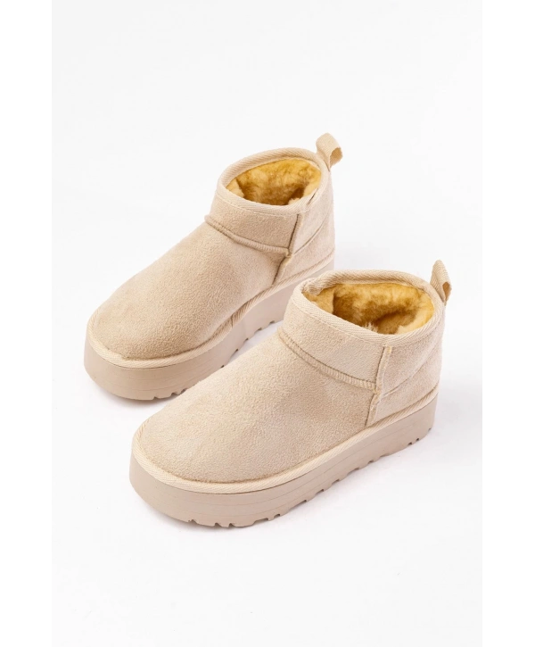 NDR-2850 Bej Süet İçi Kürklü Kışlık Kapalı Burun Kadın Günlük Terlik