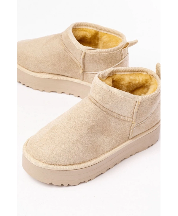NDR-2850 Bej Süet İçi Kürklü Kışlık Kapalı Burun Kadın Günlük Terlik