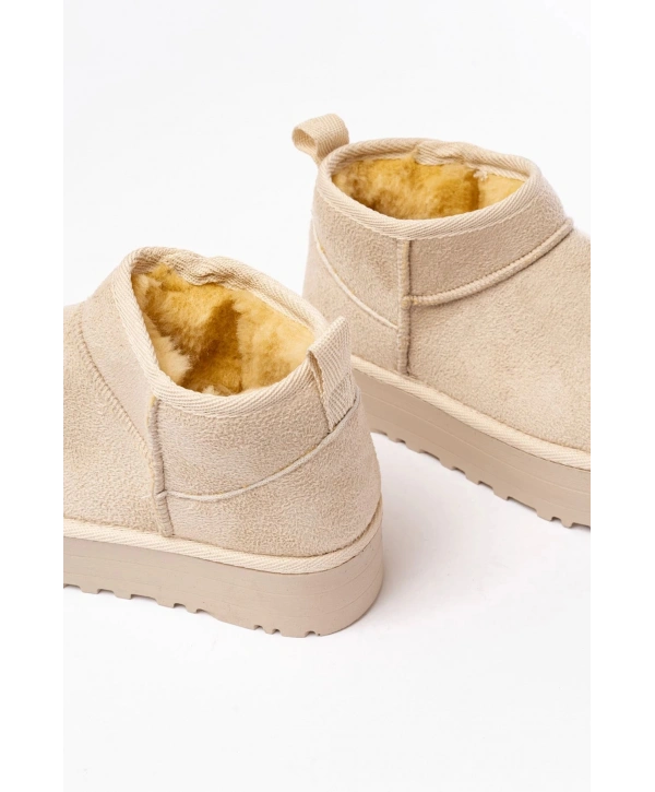 NDR-2850 Bej Süet İçi Kürklü Kışlık Kapalı Burun Kadın Günlük Terlik