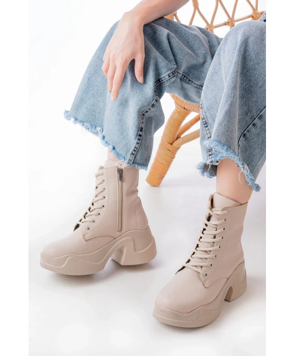 FZ-2550 Bej Yüksek Tabanlı Bağcıklı Fermuarlı Günlük Kadın Bot