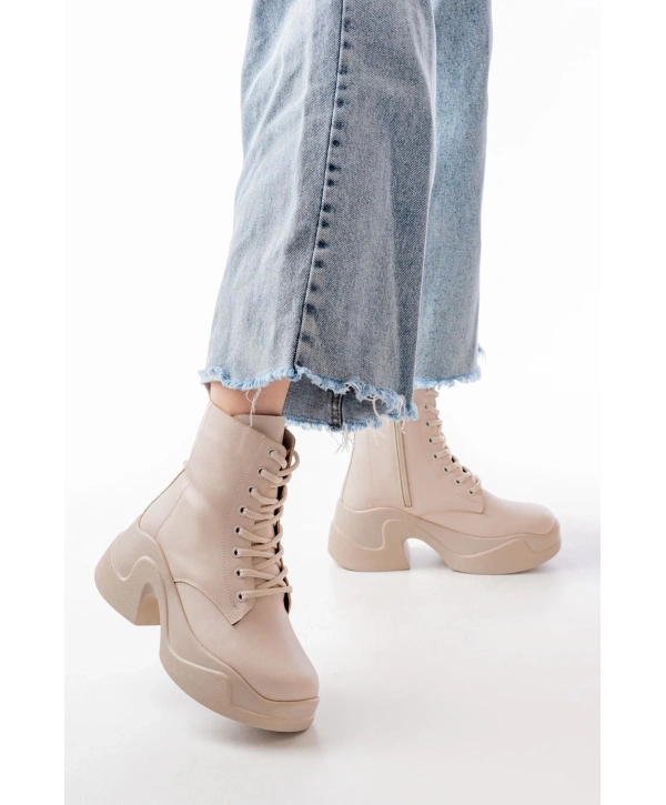 FZ-2550 Bej Yüksek Tabanlı Bağcıklı Fermuarlı Günlük Kadın Bot