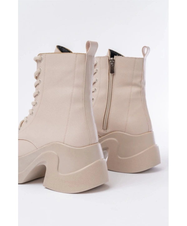 FZ-2550 Bej Yüksek Tabanlı Bağcıklı Fermuarlı Günlük Kadın Bot