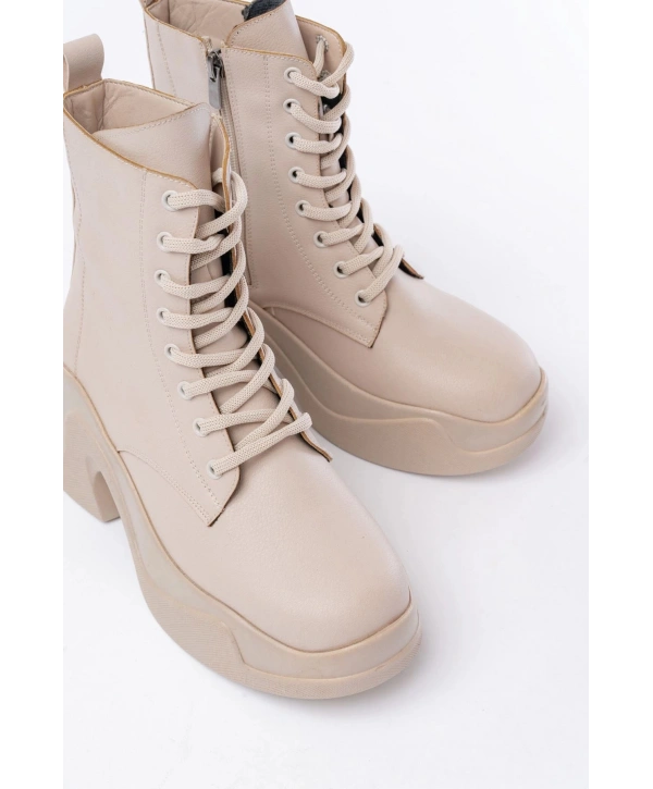FZ-2550 Bej Yüksek Tabanlı Bağcıklı Fermuarlı Günlük Kadın Bot