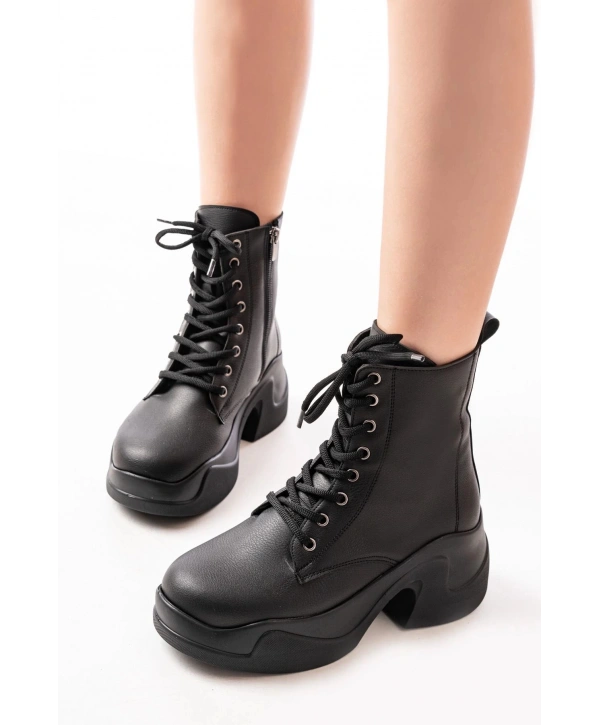 FZ-2550 Siyah Yüksek Tabanlı Bağcıklı Fermuarlı Günlük Kadın Bot