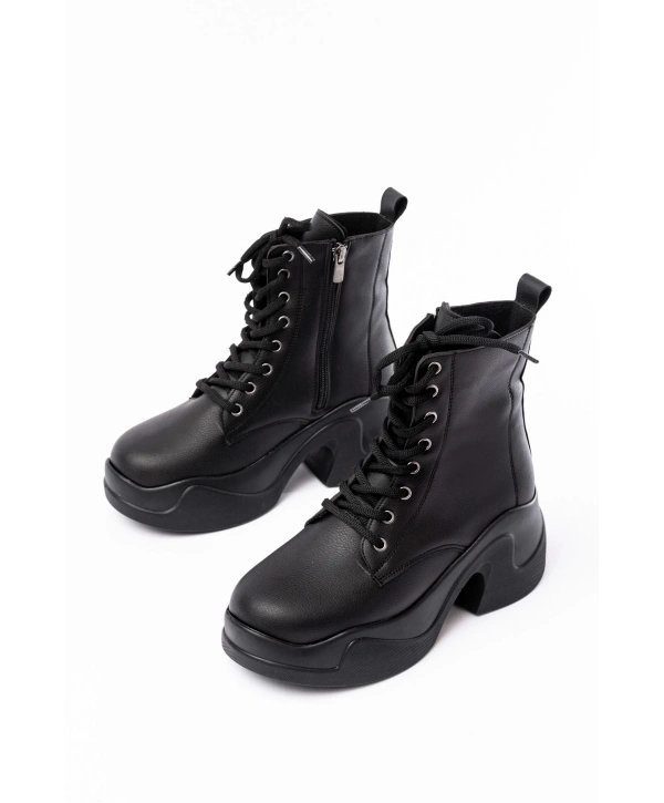 FZ-2550 Siyah Yüksek Tabanlı Bağcıklı Fermuarlı Günlük Kadın Bot