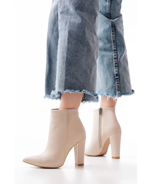 VRT-4801 Bej Yüksek Kalın Topuklu Fermuarlı Kadın Bot