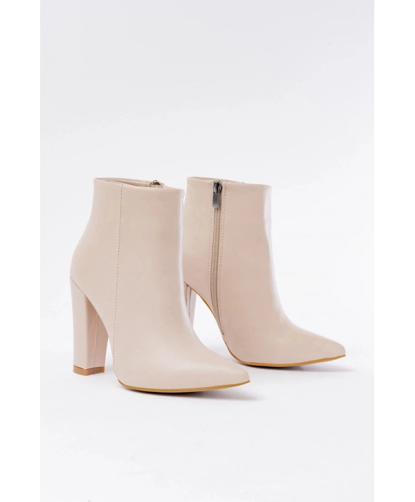 VRT-4801 Bej Yüksek Kalın Topuklu Fermuarlı Kadın Bot
