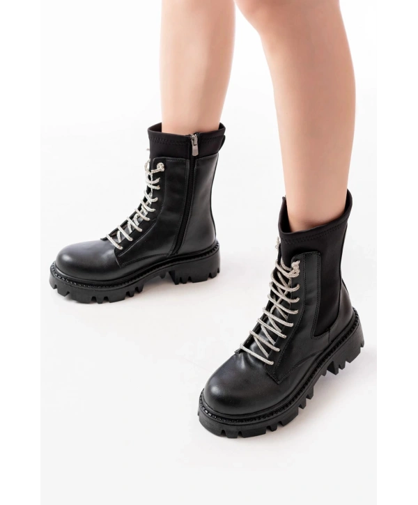 868-2006 Siyah Düz Topuklu Bağcıklı Fermuarlı Günlük Kadın Bot