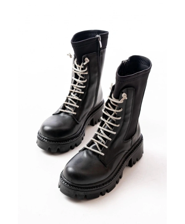 868-2006 Siyah Düz Topuklu Bağcıklı Fermuarlı Günlük Kadın Bot