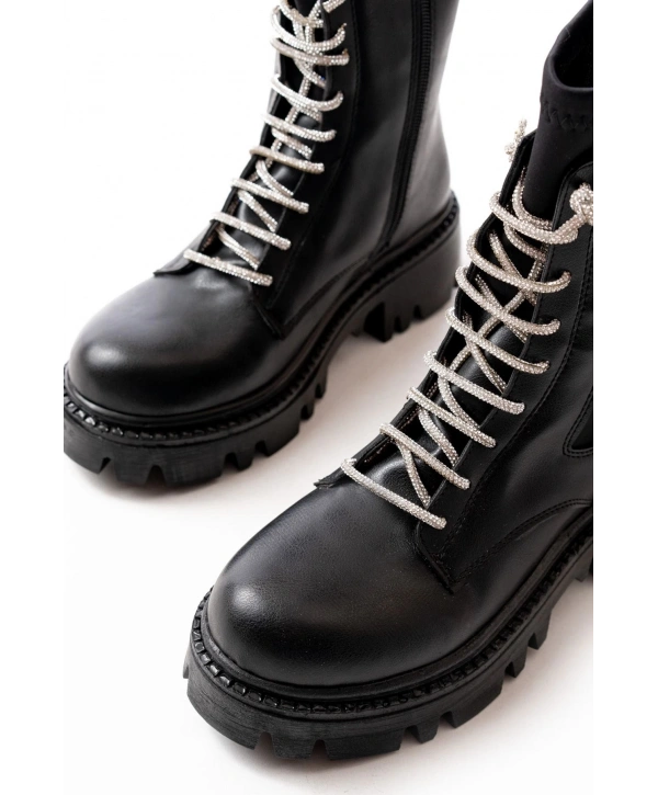 868-2006 Siyah Düz Topuklu Bağcıklı Fermuarlı Günlük Kadın Bot